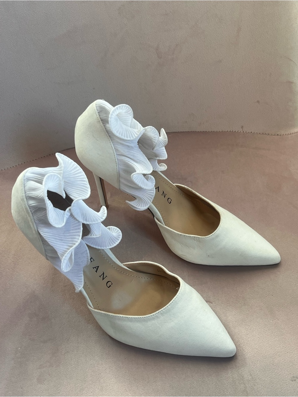 Pointed Ivory Ruffle Ankle Heels